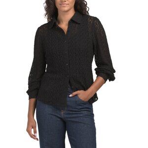GREIGE Black Long Sleeve Stretchy Lace Shirt